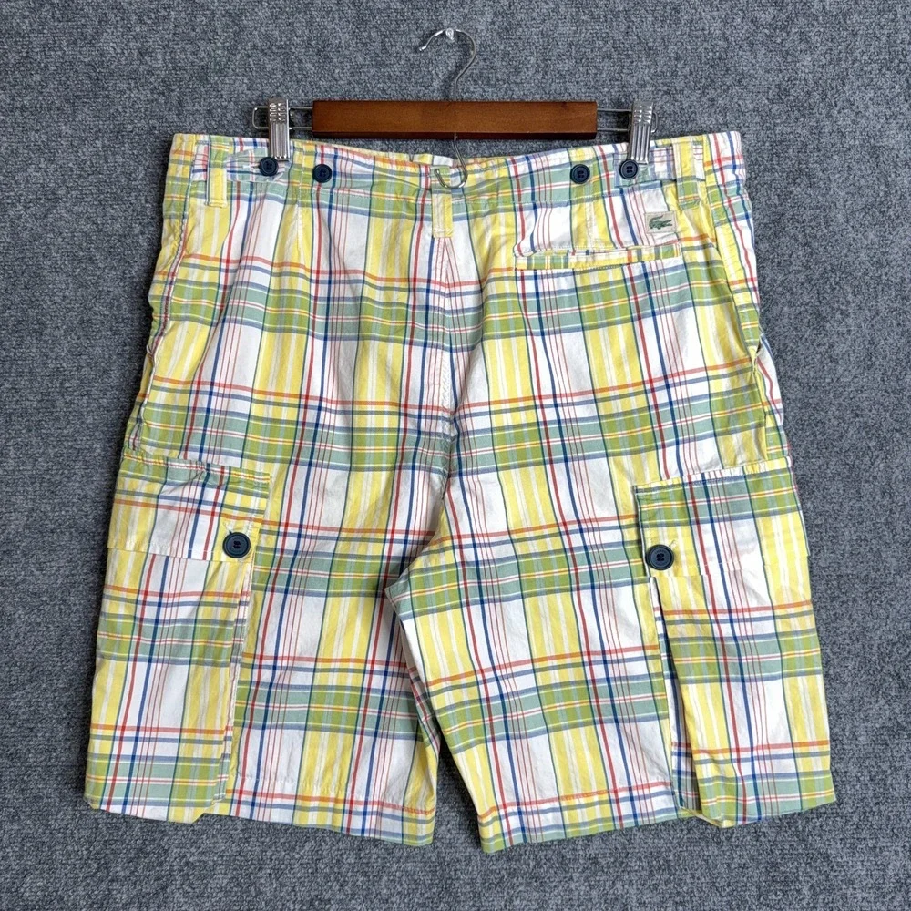 Lacoste Cargo Shorts Men's Size 38 Yellow Plaid Check Hiking Summer Golf Casual